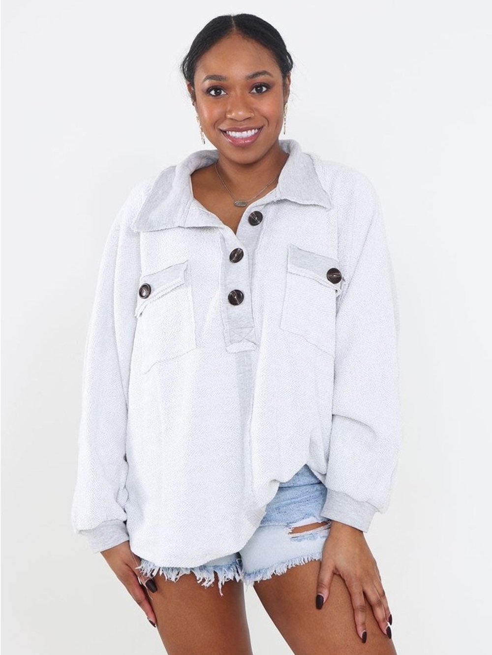 Light Gray Button Up Terry Cloth Pullover Bucketlist Medium